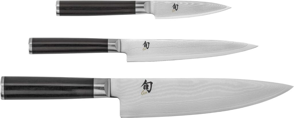 Shun Cutlery Classic 3 Piece Starter Set, Includes 8" Chef's, 3.5" Paring, 6" Utility Knife, Handcrafted Japanese Kitchen Knives, 3 sizes