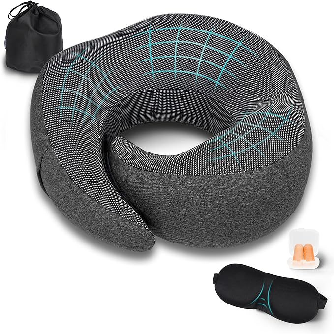 Travel Pillow for Airplane with 100% Memory Foam, 360° Adjustable Full Surrounding Flying Neck Pillows, Travel Pillow Set with 3D Eye Masks, Earplugs (Black)