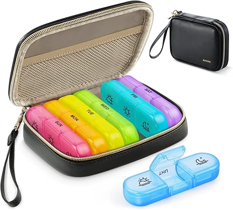 AUVON Weekly Pill Organizer 3 Times a Day, Large Pill Box 7 Day with A PU Leather Bag, Protabel Travel Pill Case Medication Reminder, Daily Pill Box 3 Times a Day for Vitamins, Fish Oils, Supplements