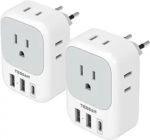 2 Pack European Travel Plug Adapter USB C, TESSAN US to Europe Plug Adapter with 4 Outlets 3 USB Charger (1 USB C Port), Type C Power Adaptor to Italy Spain France Portugal Iceland Germany, white gray