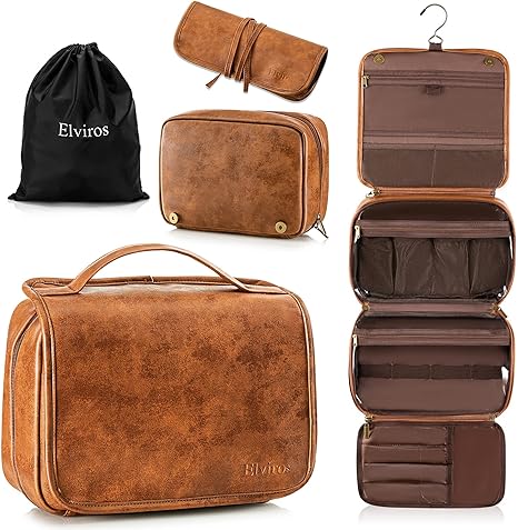 Elviros Toiletry Bag Hanging Travel Organizer for Men and Women, 3 in 1 Multifunctional Large Makeup Cosmetic Case for Toiletries Accessories, Water-resistant PU Leather Bathroom Dopp Kit Shaving Bag