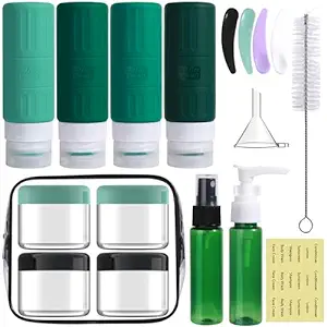 GLAMFIELDS Travel Bottles for Toiletries,TSA Approved 3.3oz Size LeakProof Silicone Toiletry Containers for Shampoo, Conditioner,Easy to Squeeze，Portable Travel Essentials for Lotion(18 Pack) Green