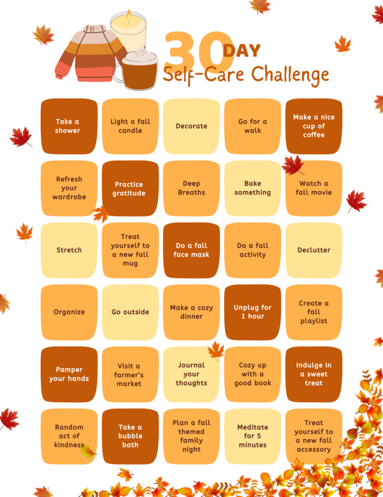 This blog post offers a 30-day Self-care September challenge tailored for busy moms, featuring simple, fall-themed activities like taking a relaxing shower, lighting scented candles, organizing spaces, and enjoying cozy autumn moments. The goal is to encourage moms to prioritize self-care with easy, daily tasks that fit into their busy schedules. The tone is fun and supportive, focusing on creating small, intentional moments of relaxation and joy throughout the month.