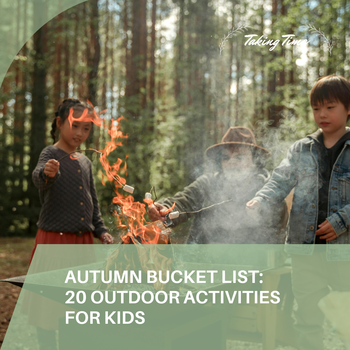 A blog post titled "Outdoor Fall Activities for Kids" on Taking Time, featuring 20 engaging and educational activities to keep children active during the fall season. The post emphasizes creating lasting memories while enjoying the crisp air and beautiful autumn scenery. | fall activities for kids | fall activities kindergarten | fall activities for kindergarteners | fall activities for preschoolers science | outdoor fall activities | fall activities | fall activities for the family | fall activities worksheets | outdoor fall games | printable fall activity