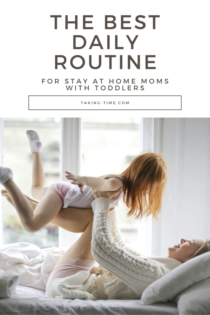 A blog post titled "Realistic Stay-at-Home Mom Routine with a Toddler" outlines a structured daily and weekly routine to help stay-at-home moms manage their time, reduce mental load, and incorporate self-care, fitness, and activities with their kids. The post emphasizes the importance of realistic planning, including outings and involving toddlers in household tasks, and provides detailed schedules for managing household chores, personal time, and family activities.