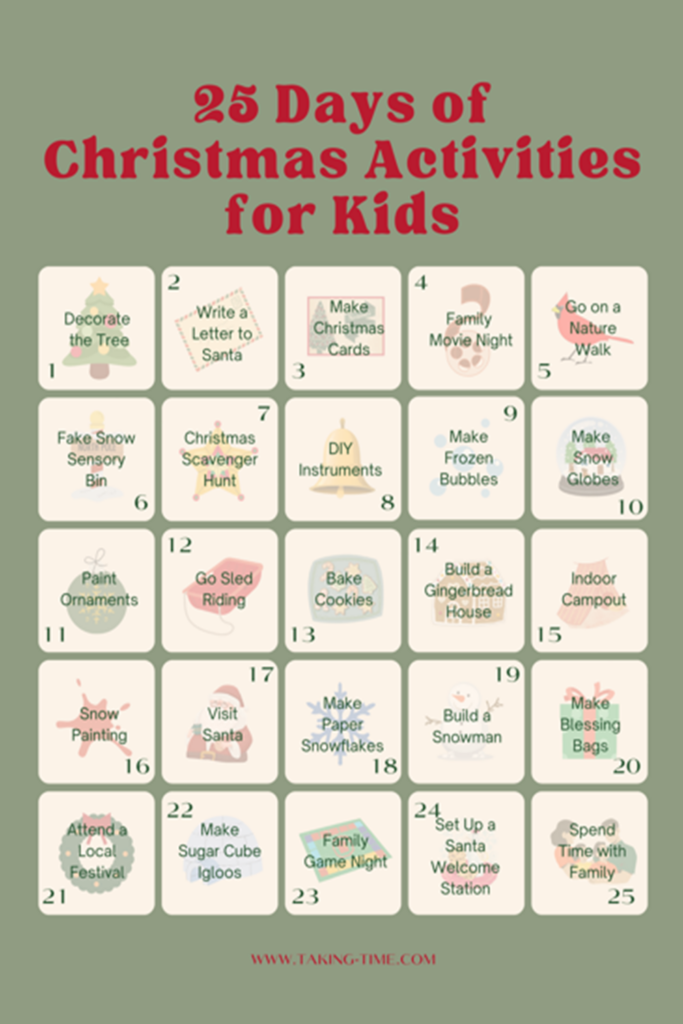 A list of 25 fun winter activities for families, including indoor and outdoor winter activities for preschoolers, toddlers, and kids. Activities include decorating the Christmas tree, writing letters to Santa, baking cookies, sledding, creating DIY ornaments, and making snow globes. These ideas are perfect for creating family traditions and embracing the holiday spirit while keeping kids engaged.