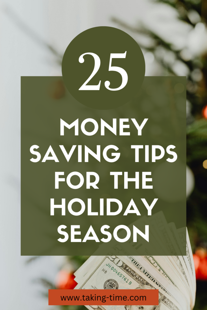 Christmas on a budget tips including setting a holiday budget, using sinking funds, doing no-spend months, finding budget-friendly gifts, shopping secondhand, using cashback apps, hosting potlucks, and creating simple family traditions. Emphasis on saving money at Christmas without sacrificing joy. Perfect for family Christmas on a budget!