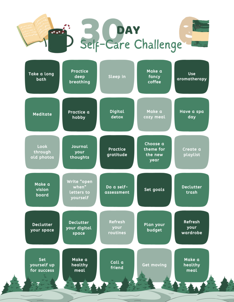 30 day winter self care challenge to make this year amazing! Embrace the theme of rest, reflect, reset to set yourself up for success. Self care ideas, self care tips, self care ideas, winter self care, self care kit, how to take care of yourself in winter