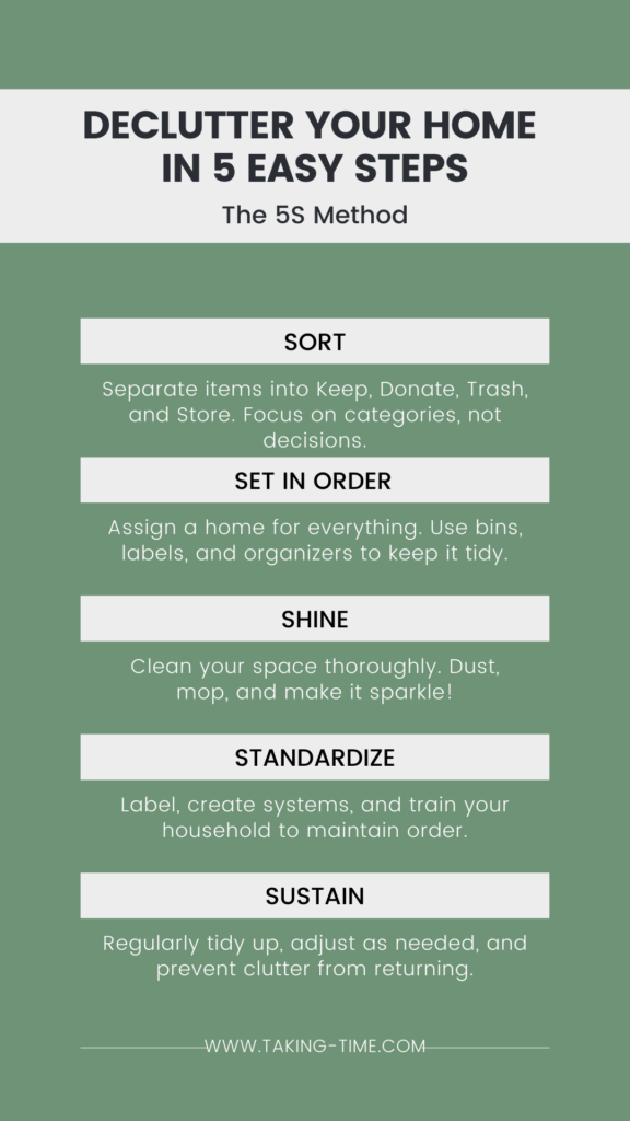 Learn how to declutter your home step-by-step with the 5S method. Simplify your space, boost home organization, and create a stress-free haven!